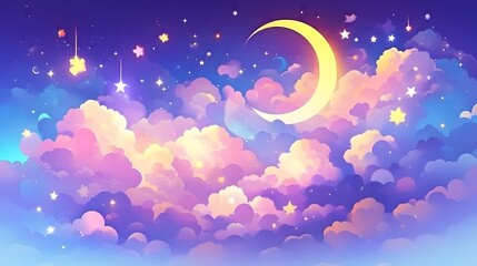 Dreamy Crescent Moon Sky. Vibrant sunset with crescent moon and colorful clouds in a starry sky. Enchanting and peaceful evening scene