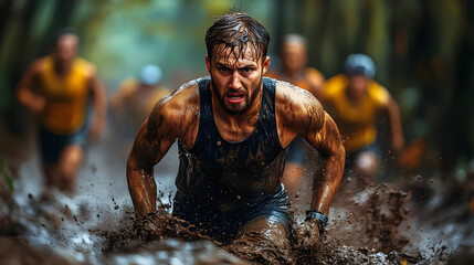 A group of athletes competing in a muddy obstacle course.