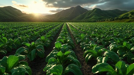 Fototapeta premium A close-up view of young green plants growing in rich soil, set against sunshine mountains, highlights the theme of agriculture and growth.