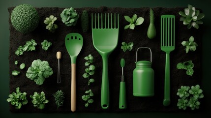 A selection of gardening tools carefully placed on dark, rich soil, highlighting the essentials needed for planting and garden care.