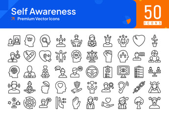 Self Awareness bold style line icons set, self reflection, mindfulness, self discovery,  self improvement, self confidence, self empowerment, self respect, self control, self trust