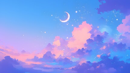 Obraz premium Dreamy Crescent Moon Sky. Vibrant sunset with crescent moon and colorful clouds in a starry sky. Enchanting and peaceful evening scene