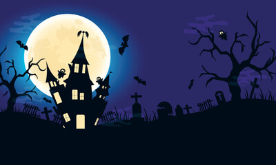 Halloween Spooky Nighttime Scene Horizontal background with bats, full moon, witch castle, evil trees, graves, ghosts. Happy Halloween vector scary design. Halloween banner, party invitation
