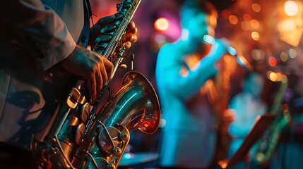 Close-up shot of saxophone player in band with focus on musician for capturing energy rhythm excitement of live performance musical expression and jazz concert atmosphere concept.