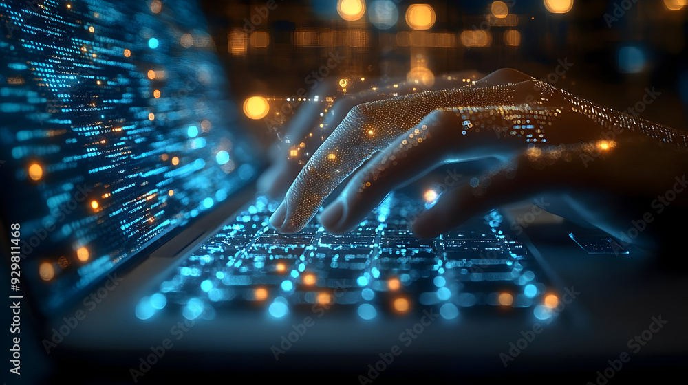 Poster a hand typing on a glowing keyboard with digital data around.
