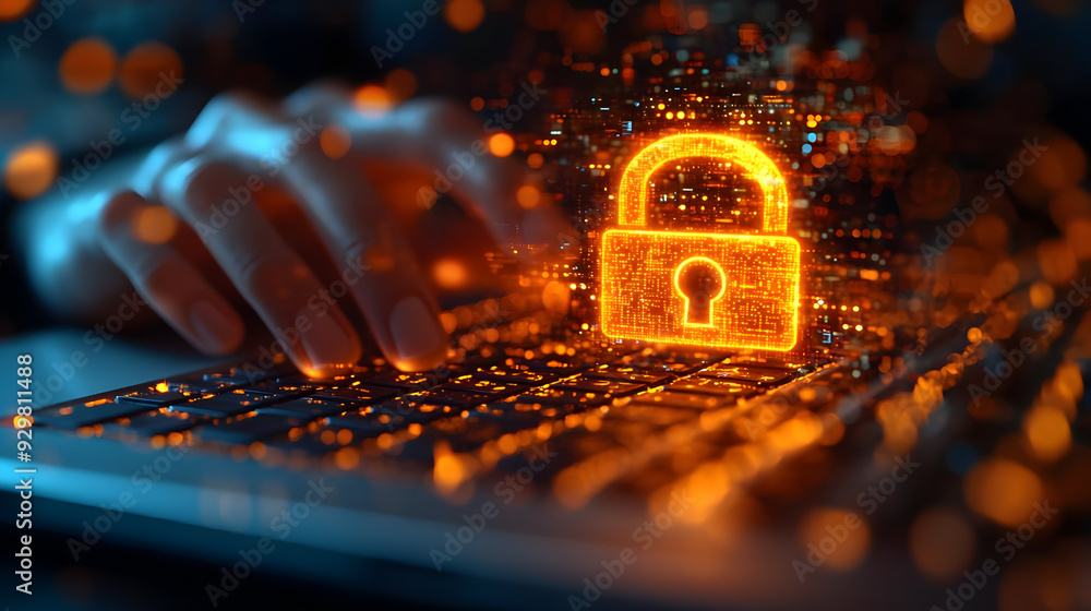 Poster a hand typing on a keyboard with a glowing padlock symbol.