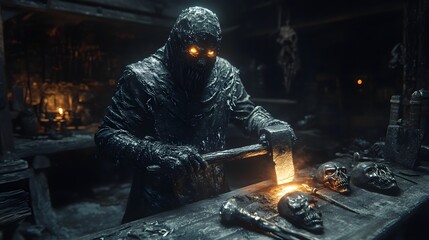 Obraz premium A cursed blacksmith with a glowing hammer, dark fantasy style, detailed textures, eerie Halloween mask designs on workbench, cinematic lighting, isolated on white background