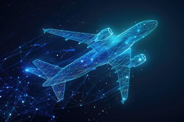 Obraz premium Futuristic digital airplane with glowing wireframe amidst a starry sky background. Concepts of technology, aerospace innovation, and future transportation.