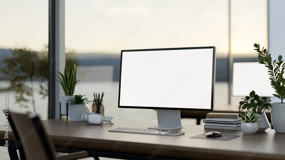 Poster a computer desk in a modern office surrounded by large windows with a lake view, a computer mockup
