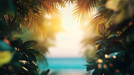 Tropical Sunset Through Palm Leaves.