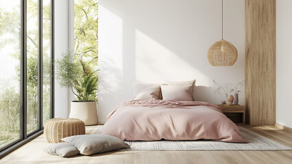 Modern Bedroom with Pastel Cushions and Wooden Floor