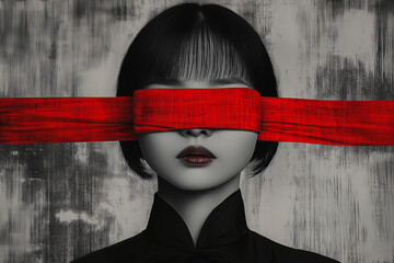 Abstract Portrait of a Woman with Red Blindfold in Monochrome Setting