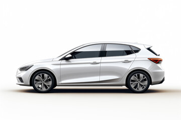 Sleek white hatchback car profile on white background during daylight, mockup, copy space