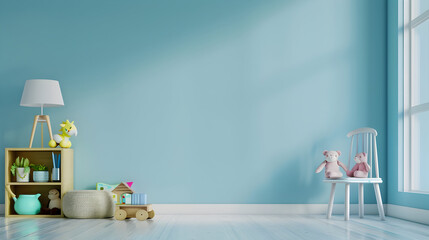 Mock up wall in child room interior and blue wall.
