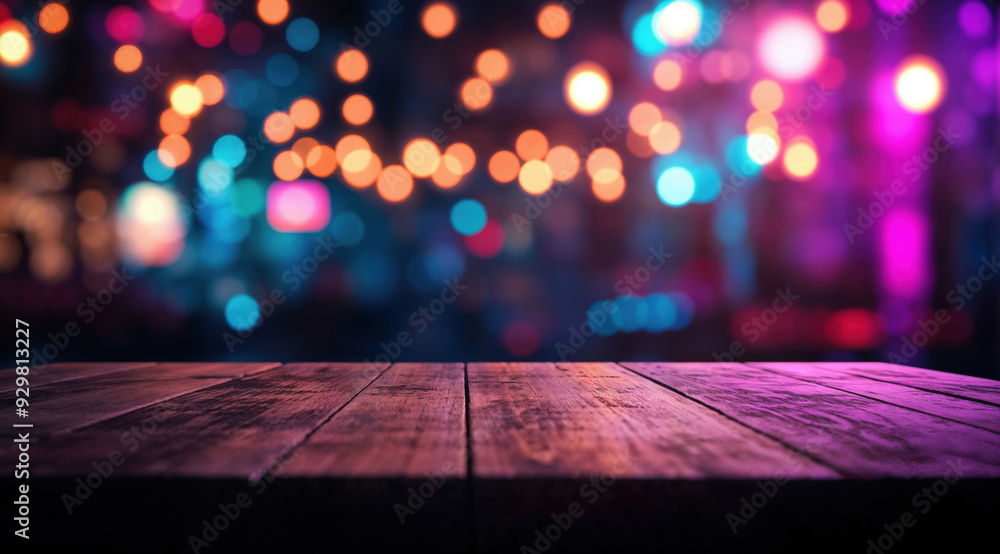 Aufkleber empty wooden table top with colorful bokeh lights background, perfect for displaying your product