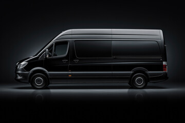 Sleek black van in studio lighting, side view, mockup, city space