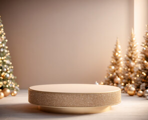 Gold Glitter Podium with Christmas Tree Background.