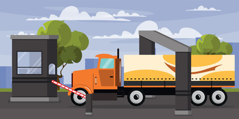 Naklejka premium Vector illustration of a car passing a checkpoint. Cartoon scene of a truck standing in front of a barrier, a building for the controller, trees, houses, the sky with clouds.Border crossing control.