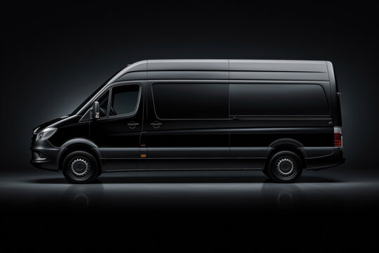 Sleek black van in studio lighting, side view, mockup, city space
