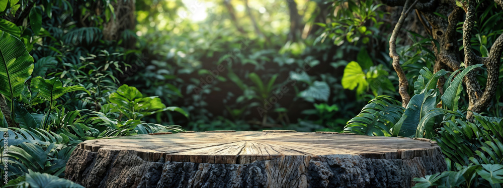 Poster Empty wooden platform in a tropical forest, creating a natural and refreshing scene for product placement