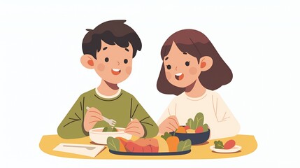 Two children enjoying a healthy meal together at a table.