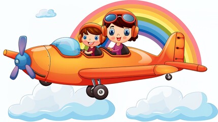 Two children flying an orange airplane with a rainbow in the background.