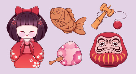 Traditional Japanese elements collection - good luck talisman daruma figurine, kendama toy, taiyaki fish shaped cookie, pink fan, kokeshi doll of geisha in kimono. Cartoon line vector illustration set
