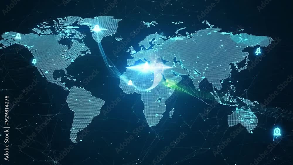 Poster a 3d world map made of digital nodes and connections representing the global reach of communication 