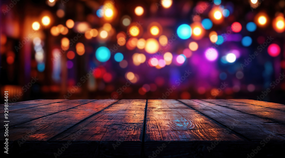 Poster empty wooden table top with colorful bokeh lights background, perfect for displaying your product
