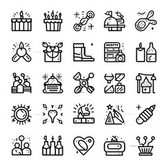 Set of 100 party and event icons in line style. Birthday, dancing, happy new year, week, Christmas, entertainment, invitation,wedding, event, holiday, carnival, collection, vector illustration. Detail