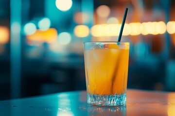 A refreshing orange cocktail with a straw on a dim-lit bar counter, featuring vibrant bokeh lights in the background.