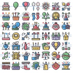 Set of 100 party and event icons in line style. Birthday, dancing, happy new year, week, Christmas, entertainment, invitation,wedding, event, holiday, carnival, collection, vector illustration. Detail