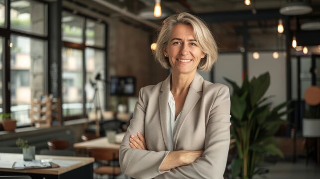 Confident businesswoman with crossed arms smiling in modern office, facing camera, embodying success in professional attire with sleek hairstyle.