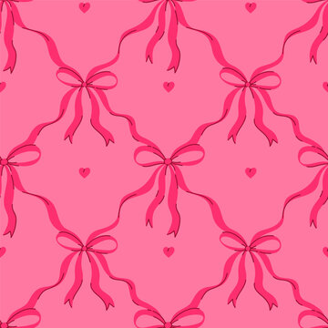 Seamless pattern with pink bows and hearts on a pink background. Vector graphics.