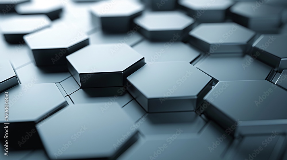 Poster a futuristic 3d background with layered hexagonal tiles in metallic shades, creating depth and textu