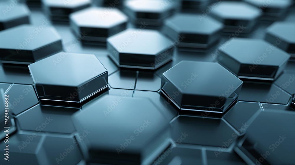 Poster a futuristic 3d background with layered hexagonal tiles in metallic shades, creating depth and textu
