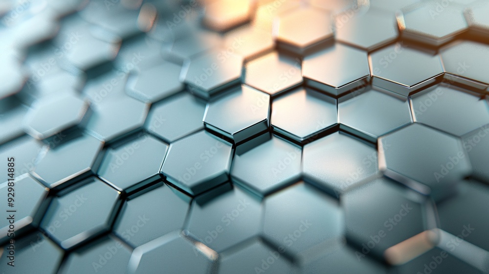 Poster a futuristic 3d background with layered hexagonal tiles in metallic shades, creating depth and textu