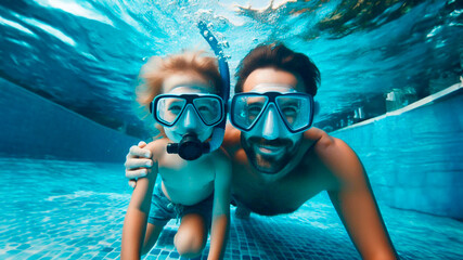 Naklejka premium Father and child swim underwater in diving mask in pool on summer vacation. Concept happy family on vacation, learning to swim and dive, Father's Day.