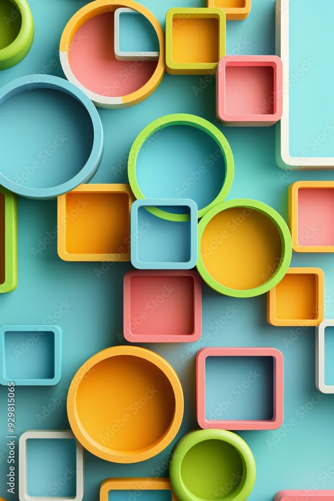 Poster a dynamic 3d pattern of interlocking circles and squares in vibrant colors, with significant copy sp
