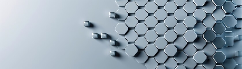 Fototapeta premium A sophisticated 3D geometric pattern with interlocking octagons in metallic hues, offering an elegant backdrop with significant copy space on the right