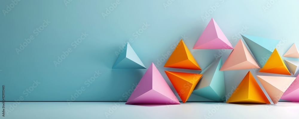 Poster a bold 3d design featuring interlocking triangles in vibrant colors, creating a dynamic look with am