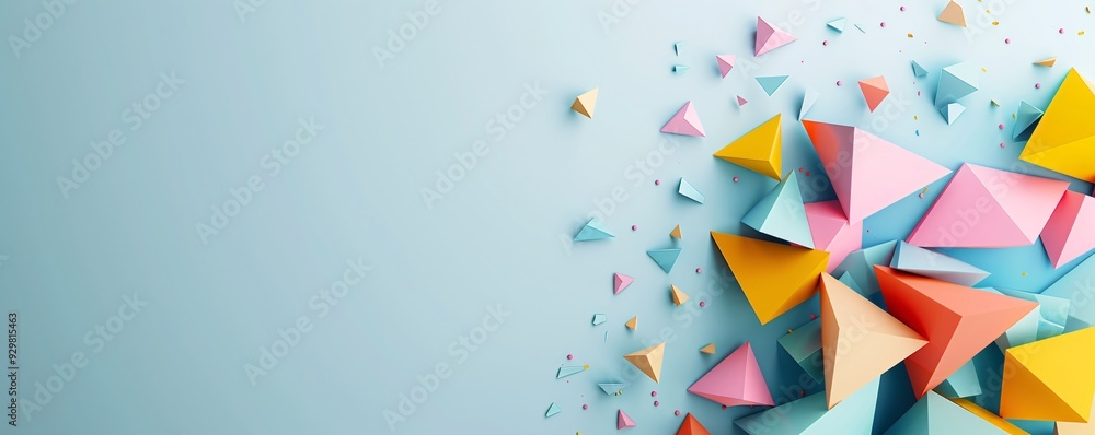 Poster a bold 3d design featuring interlocking triangles in vibrant colors, creating a dynamic look with am