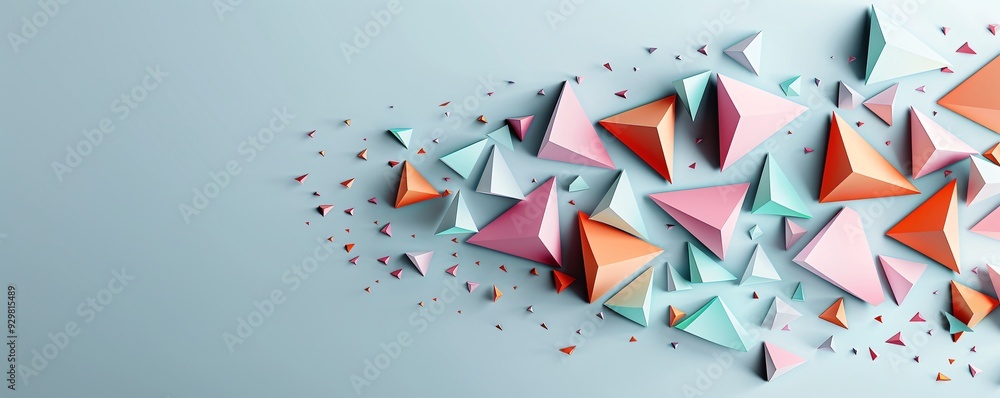 Poster a bold 3d design featuring interlocking triangles in vibrant colors, creating a dynamic look with am