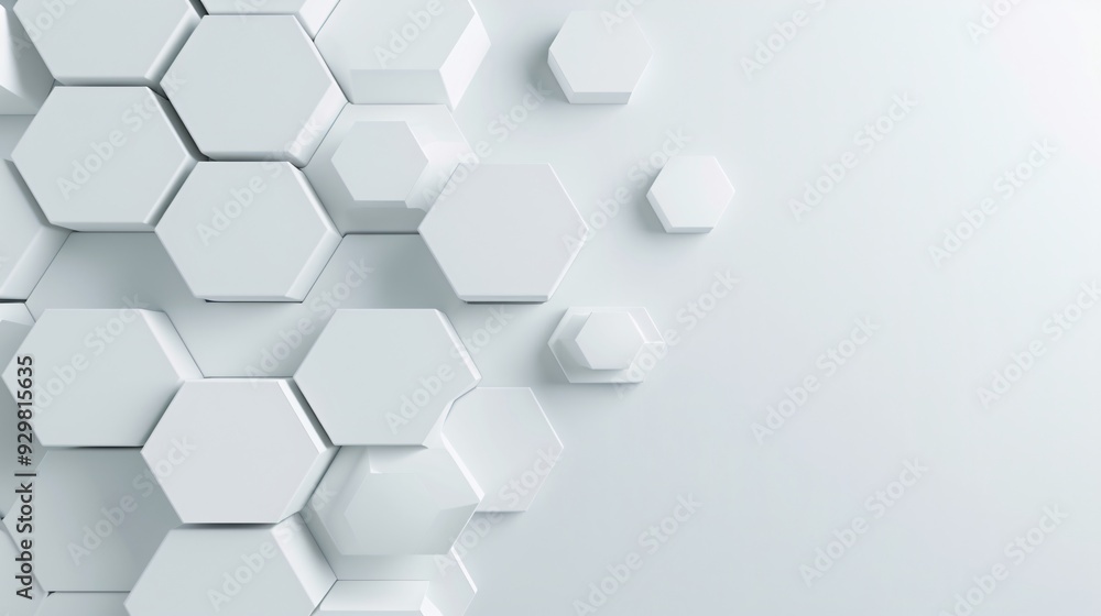 Poster a minimalist 3d background with a pattern of layered hexagons in shades of grey, providing a sleek a
