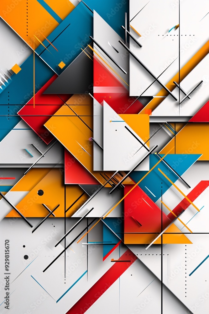 Poster a dynamic 3d geometric design with overlapping polygons in bold primary colors, offering a visually 