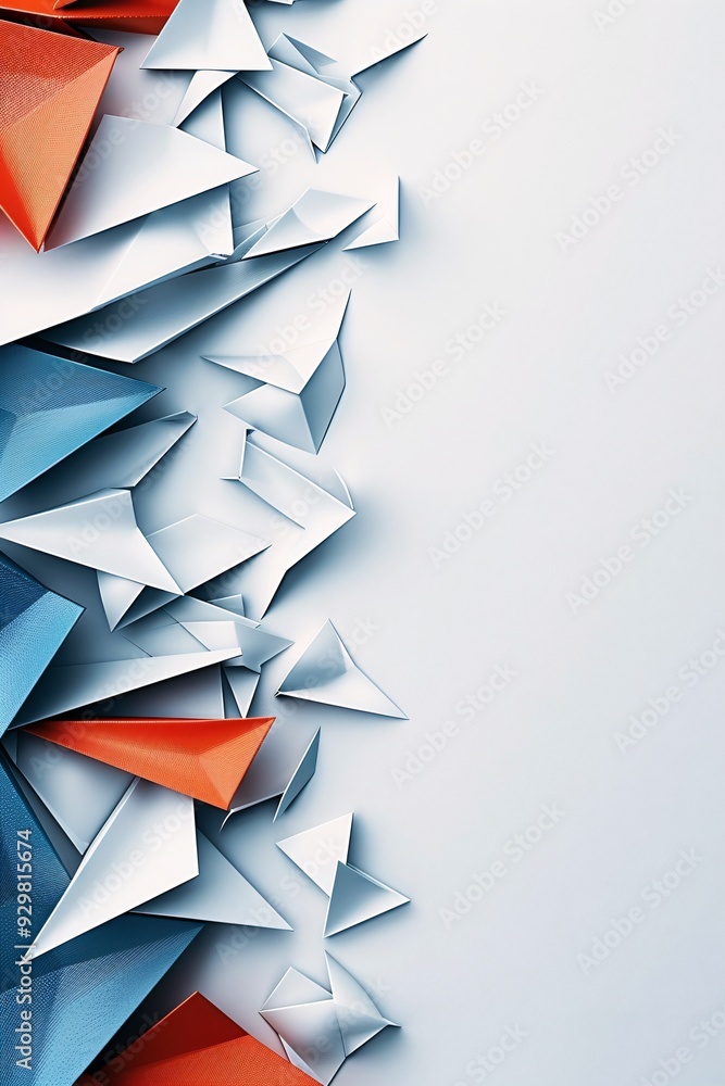 Poster a dynamic 3d geometric design with overlapping polygons in bold primary colors, offering a visually 