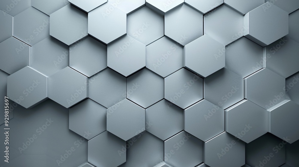 Poster a minimalist 3d background with a pattern of layered hexagons in shades of grey, providing a sleek a