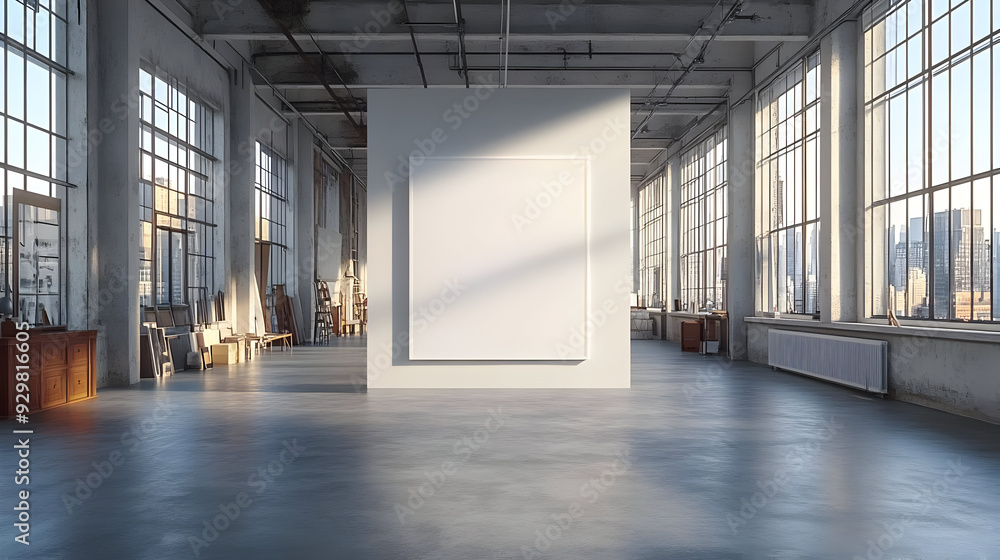 Poster a minimalist art gallery with a blank canvas on display.
