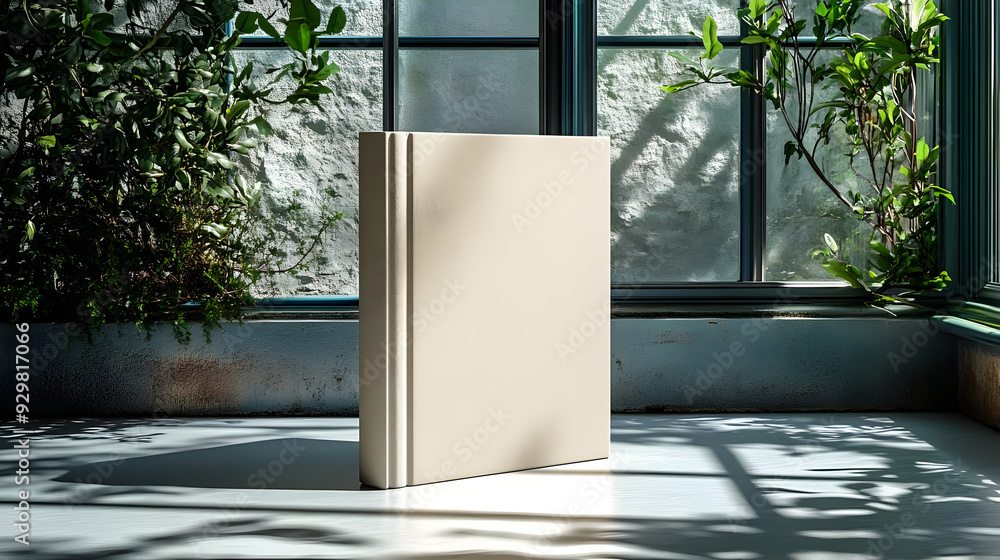 Poster a minimalist book placed on a table near a window with plants.