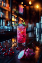 Colorful dragon fruit cocktail garnished with mint in a stylish bar setting, perfect for nightlife and cocktail events.